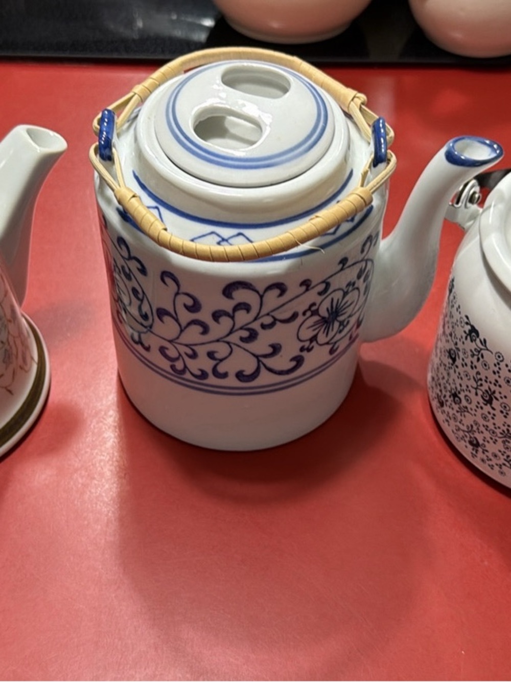 Blue Floral Porcelain Teapot with Rattan Handle set of 3